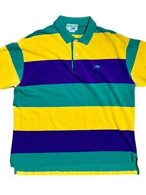 Perlis Vintage Embroidered Crawfish Mardi Gras Striped Polo Shirt, Men's XL